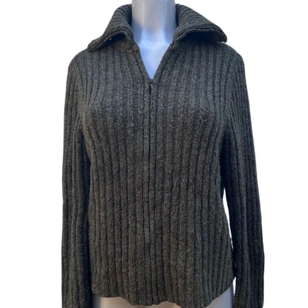 Charter Club Sweater Women's Large Moss Green Full Zip Turtle Neck Wool Blend
